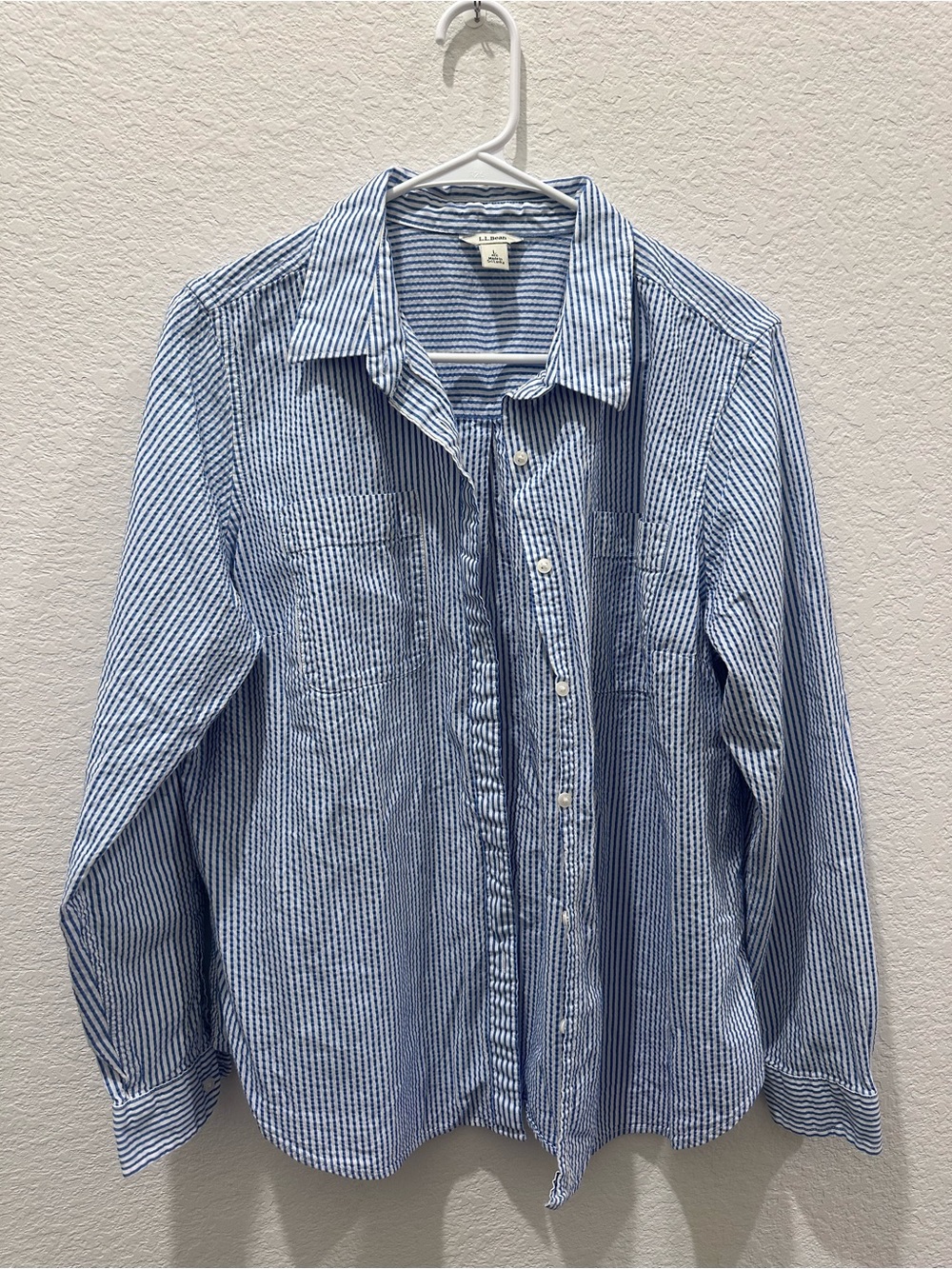 L.L. Bean Blue and White Striped Button-Up Shirt